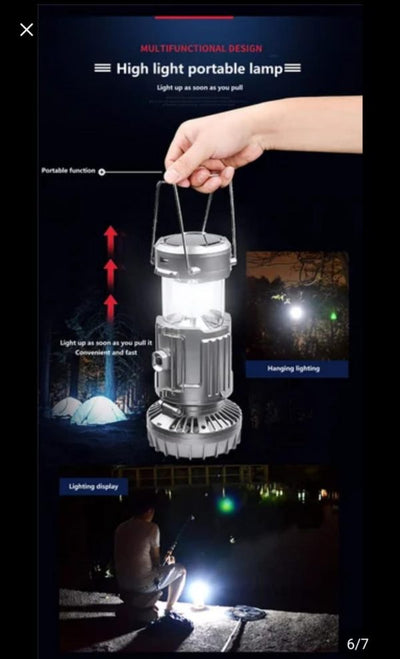 6-in-1 Portable LED Camping Lantern with Fan – Solar Rechargeable, Energy-Saving Tent Light & Flashlight for Outdoor Adventures